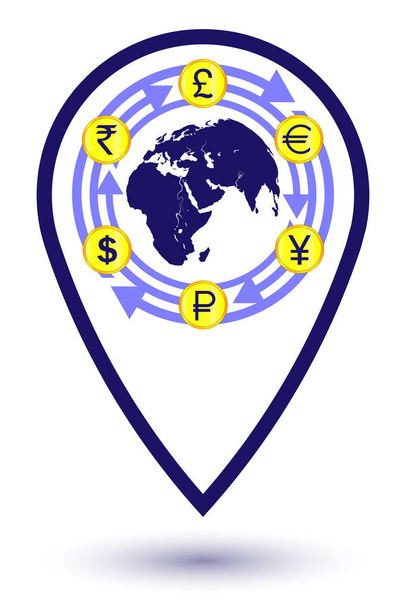 Valuuttavaihdon maantieteellisen sijainnin tunnus. Rahan symbolit, maailman eri maiden valuutat sijaitsevat nuolilla ympäri maapalloa. Rahoitusyhtiölle, pankille, vaihtotoimistolle. Vektori - Vektori, kuva
