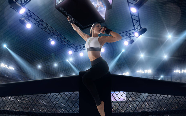 MMA żeńskie myśliwce na profesjonalnym ringu. - Zdjęcie, obraz