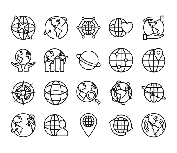 Maa planeetta ja globaali pallo kuvake asetettu, rivi tyyli - Vektori, kuva