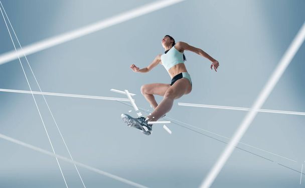 Athlète féminine qui court et saute. Vue latérale de wo sain
 - Photo, image