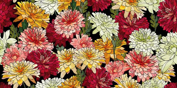 Bloemen naadloos patroon met kleurrijke bloemen en groene bladeren. Rood, geel, roze, witte chrysanten op zwarte achtergrond. Voor textiel, mode, wallpapers, inpakpapier. Voorraadillustratie van vectoren. - Vector, afbeelding