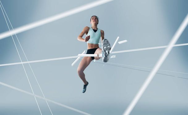 Atleta donna che corre e salta. Vista laterale colpo di sano wo
 - Foto, immagini