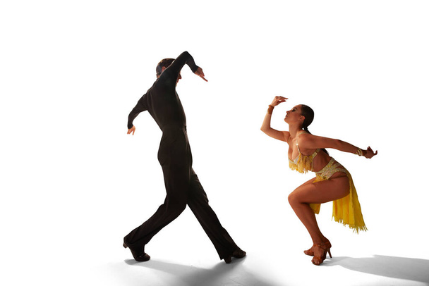 Pareja bailarines realizan danza latina sobre fondo blanco
. - Foto, imagen