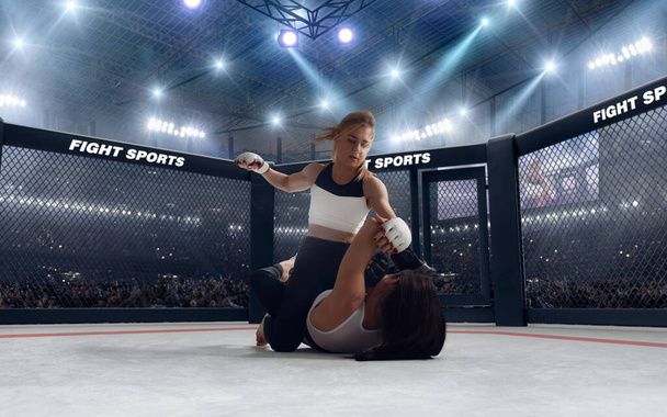 MMA żeńskie myśliwce na profesjonalnym ringu. - Zdjęcie, obraz