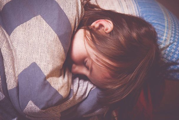 Portrait of llittle beautiful young girl sleeping in bed. Health, holiday, happy childhood concept. - Photo, Image