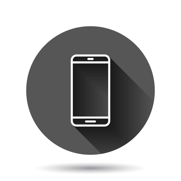 Icono de pantalla en blanco Smartphone en estilo plano. Ilustración del vector del teléfono móvil en fondo redondo negro con efecto de sombra larga. Concepto de negocio de botón círculo telefónico
. - Vector, imagen