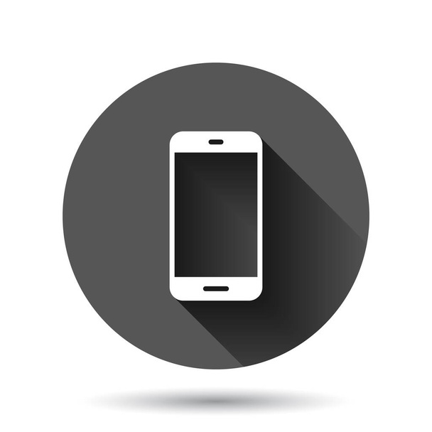 Icono de pantalla en blanco Smartphone en estilo plano. Ilustración del vector del teléfono móvil en fondo redondo negro con efecto de sombra larga. Concepto de negocio de botón círculo telefónico
. - Vector, imagen