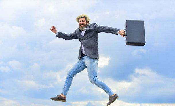 Businessman run away business case. Happy worker. Freedom. Feeling free. Energetic entrepreneur. Business man formal suit carries briefcase. Illegal deal business. Feel impact. Hipster hold briefcase - Photo, Image