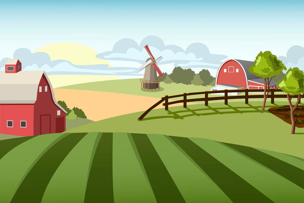 Village landscape with mill and farms - Vector, Image
