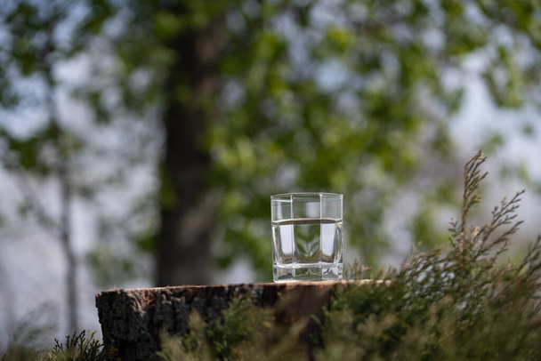 Ένα ποτήρι καθαρό φρέσκο νερό στο κούτσουρο του δέντρου. Πράσινο φόντο της φύσης. - Φωτογραφία, εικόνα