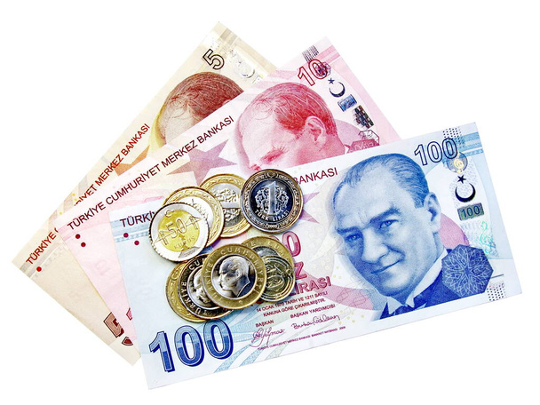 Monete sul mazzo di denaro con banconote turche
 - Foto, immagini