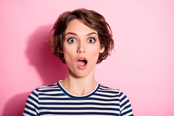Portrait of astonished crazy girl hear novelty impressed scream shout wear good look clothes isolated over pastel color background - Photo, Image