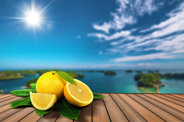 полунарезанный свежий грейпфрутовый летний плакат с размытым островным фоном
 - Фото, изображение