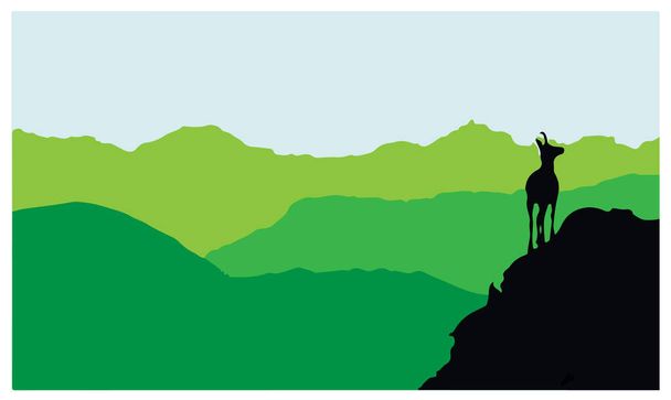Kamzík stojí na vrcholu kopce s horami v pozadí. Černá silueta se zeleným a žlutým pozadím. Vektorová ilustrace. - Vektor, obrázek