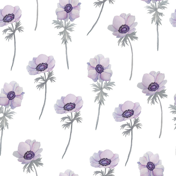 紫色のラベンダーイソギンチャクのバターカップの花の水色のシームレスなパターンの葉。テキスタイル壁紙結婚式の招待のための春の花の柔らかい中性自然デザイン。季節限定ヴィンテージロマンティック - 写真・画像