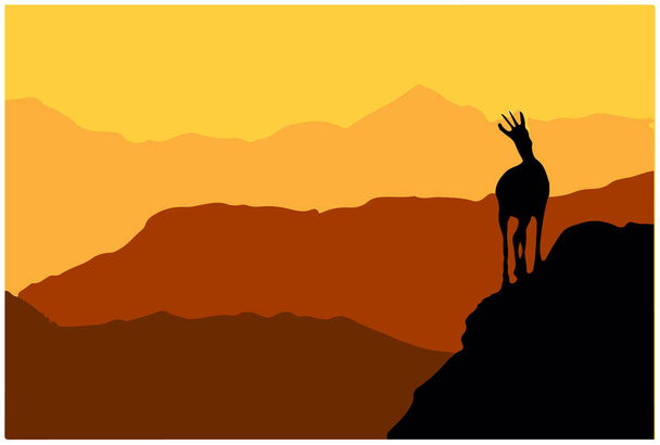 Un chamois se dresse au sommet d'une colline avec des montagnes en arrière-plan. Silhouette noire avec fond brun et orange. Illustration vectorielle. - Vecteur, image