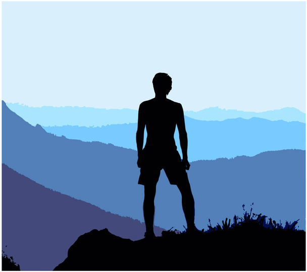 Schwarze Silhouette eines Mannes, der oben auf dem Hügel steht und die schöne Aussicht genießt. Vektorillustration.  - Vektor, Bild