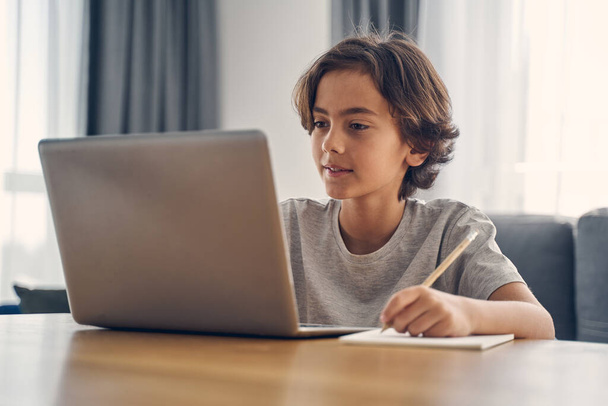Happy small child using laptop at home - Foto, Bild