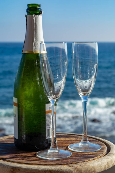 Champagne, prosecco of cava fles met twee glazen geserveerd op terras met uitzicht op zee close-up - Foto, afbeelding