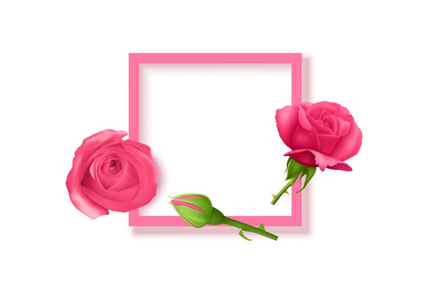 Beautiful flowers composition. Blank frame for text, pink rose flowers on White background. Valentines Day, Easter, Birthday, Mothers day, top view with copy space, vector format - ベクター画像