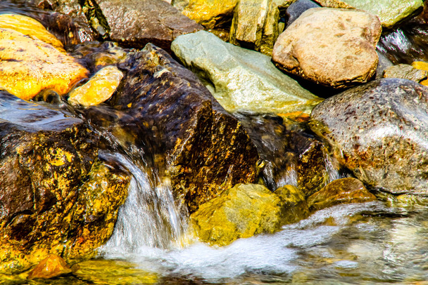 A Bragg patak sziklái között folyt a víz. Bragg Creek Tartományi Park, Alberta, Kanada. - Fotó, kép