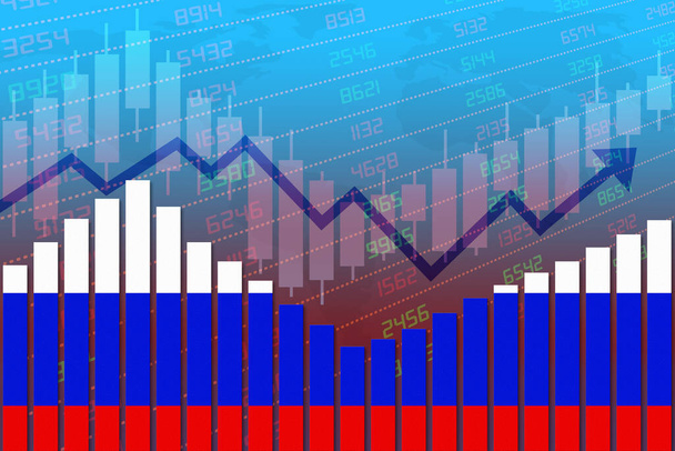Flag of Russia on bar chart concept of economic recovery and business improving after crisis such as Covid-19 or other catastrophe as economy and businesses reopen again. - Photo, Image