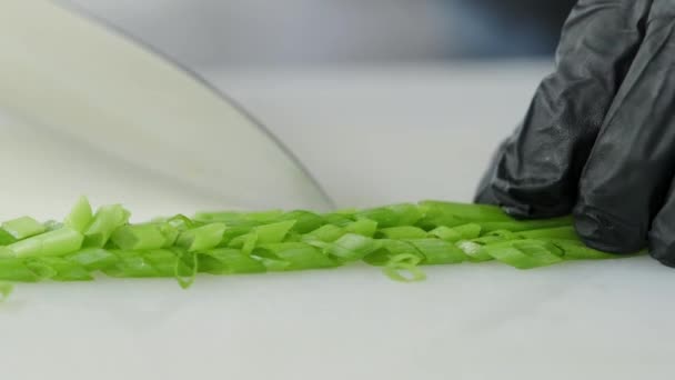 cocina corta cebollas verdes con un cuchillo - Imágenes, Vídeo