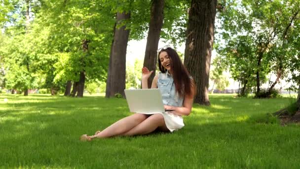 Mujer encantadora está charlando, hablando con alguien en línea usando su computadora portátil mientras está sentado en la hierba en el parque, al aire libre
.  - Metraje, vídeo