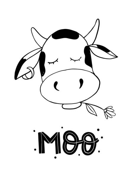 Миленький постер в детстве с коровой, что ест цветок и "Му" под ним. Постер, друк, карта, дизайн підпису. - Фото, зображення