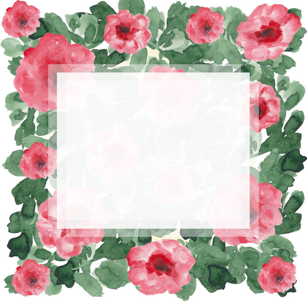 Watercolor red roses bouquet frame template. Hand drawn floral illustration.  Can be used for printing  Invitation, Wedding card. - Foto, immagini