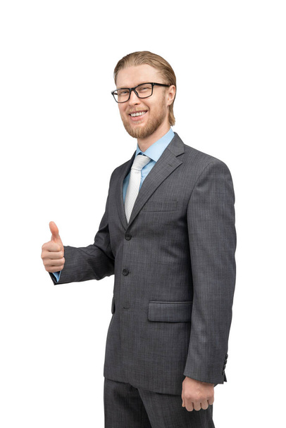 portrait one man businessman in glasses spectacles, showing gesture thumb up and look on camera, on white background, isolated - Photo, image