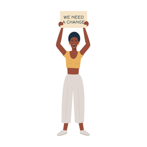 Modern siyahi kadın şiddeti protesto ediyor ve pankart tutuyor. Altını değiştirmeliyiz. Manifestolar. Siyahların hayatı önemlidir. Protesto, isyan, grev. Vektör düz resimleme izole edildi.  - Vektör, Görsel