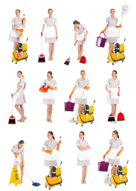 Collage with photos of chambermaid on white background - Foto, immagini