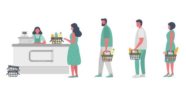 Kupci v supermarketu. Za pokladnou je pokladní v supermarketu. Obchodníci drží v rukou koše s jídlem. Vektorová ilustrace v plochém stylu - Vektor, obrázek
