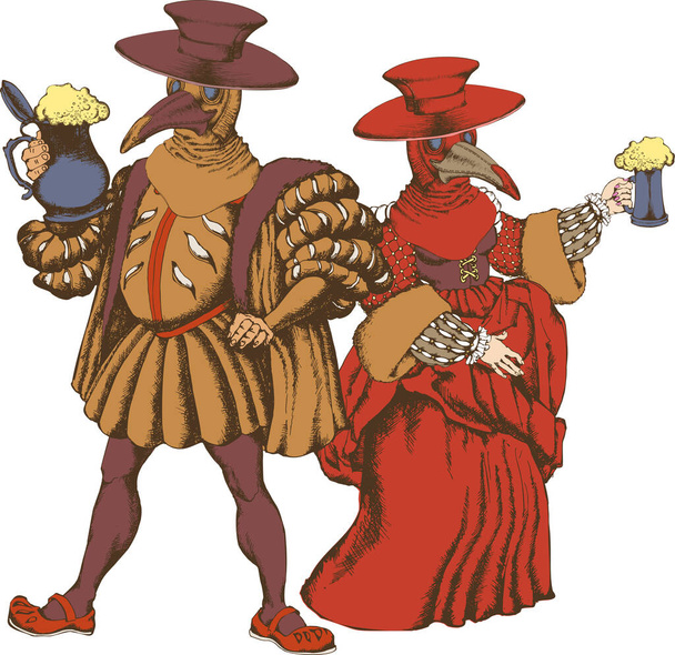 Un elegante par de trajes renacentistas y capuchas de un médico de la peste con tazas de cerveza, como símbolo de optimismo en tiempos difíciles. Dibujo vectorial
. - Vector, imagen