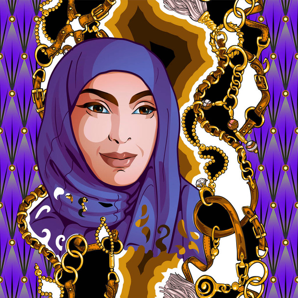 Portret pięknej Arabki w hidżabie na skomplikowanym dekoracyjnym, szczegółowym tle. Szablon na kartki okolicznościowe na święta muzułmańskie. - Wektor, obraz