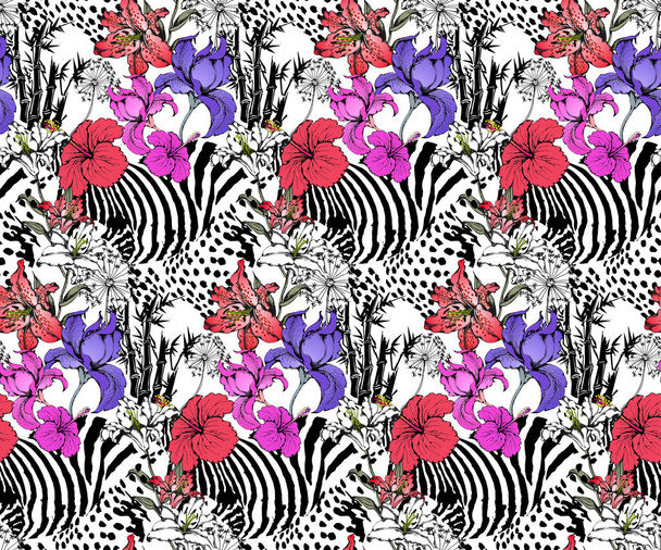 Bezproblémový vzor zebry a květin. Vhodné pro tkaniny, nástěnné malby, balicí papír a podobně. Vektorová ilustrace - Vektor, obrázek