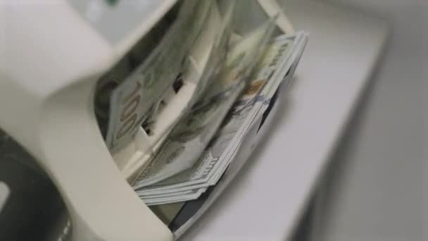 Laskukone laskee dollarin seteleitä Tuhat dollaria. 100 dollaria - Materiaali, video