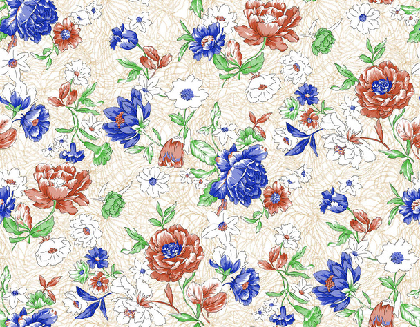 Bezešvé vzory s jarními květy a listy. Ručně kreslené pozadí. květinový vzor pro tapety nebo tkaniny. Květinová růže. Botanické dlaždice. - Fotografie, Obrázek