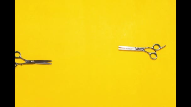 2 barberscissors move on a yellow background, - Felvétel, videó