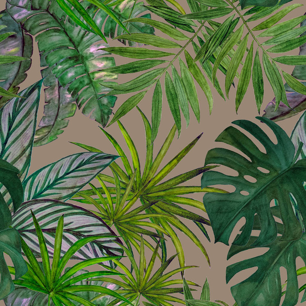 Hawaiian seamless pattern with watercolor tropical leaves. Exotic summer print. Hand drawn illustration. - Fotó, kép