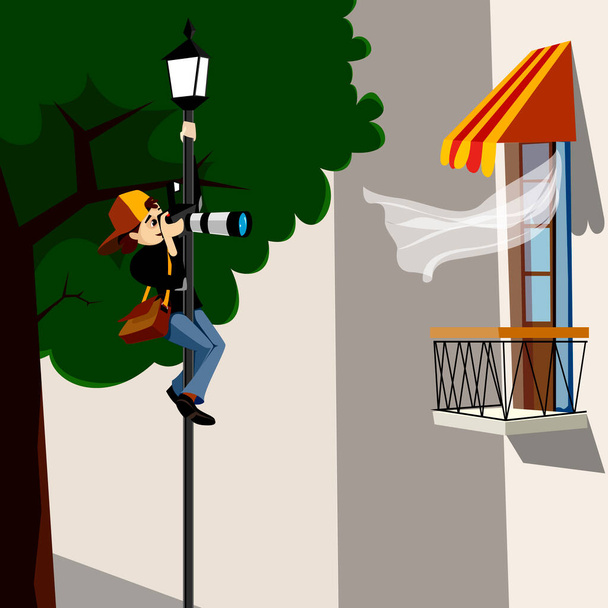 Paparazzi kiipesi lyhtypylvääseen ja otti kuvia asunnosta - Vektori, kuva