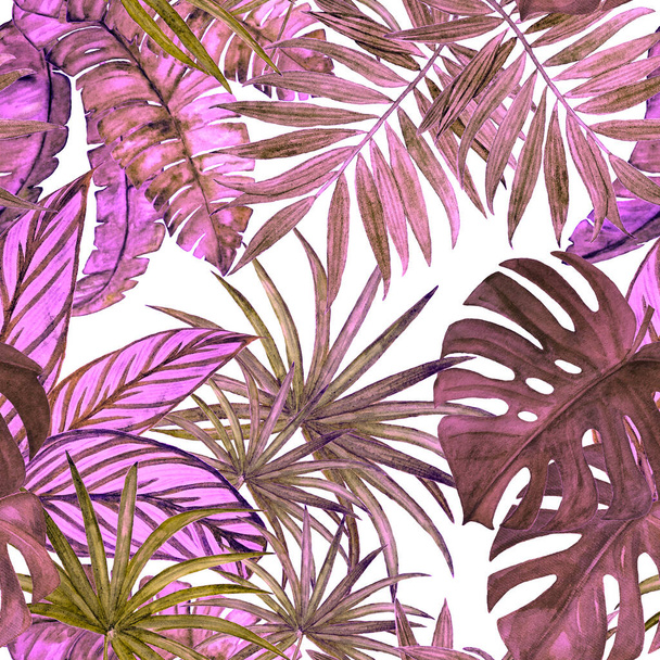Hawaiian seamless pattern with watercolor tropical leaves. Exotic summer print. Hand drawn illustration. - Φωτογραφία, εικόνα
