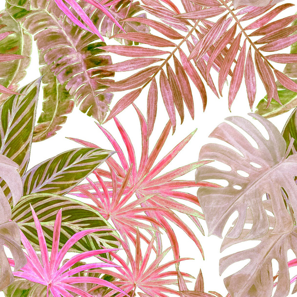Hawaiian seamless pattern with watercolor tropical leaves. Exotic summer print. Hand drawn illustration. - Фото, зображення