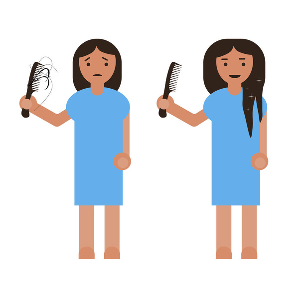 Flat simple sad girl holding a comb in hand with hair loss.Early baldness. Girl with hair problem, damage, alopecia, and beauty woman with thick hair cartoon style.Vector illustration for beauty salon - Vector, Image
