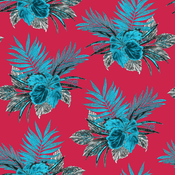 Hawaiian floral seamless pattern with watercolor tropical leaves and flowers. Exotic hibiscus. Tropical summer print. - Foto, imagen