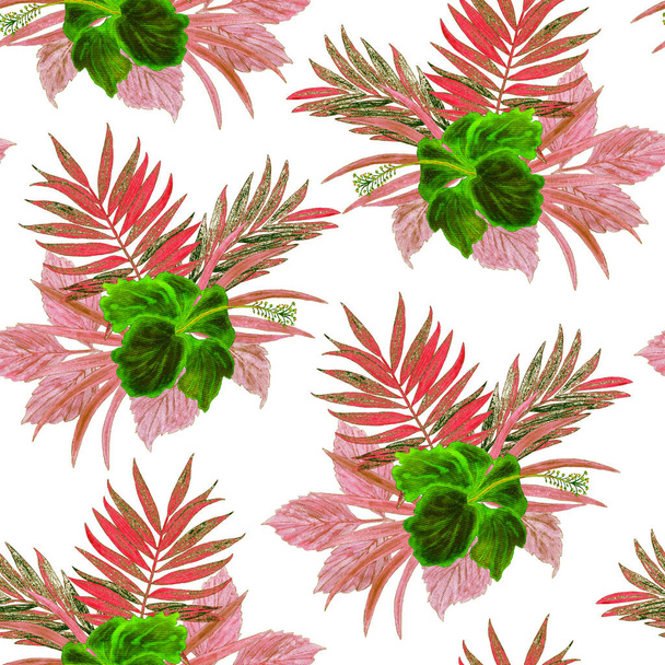 Hawaiian floral seamless pattern with watercolor tropical leaves and flowers. Exotic Hibiscus. Tropical summer print. - Φωτογραφία, εικόνα