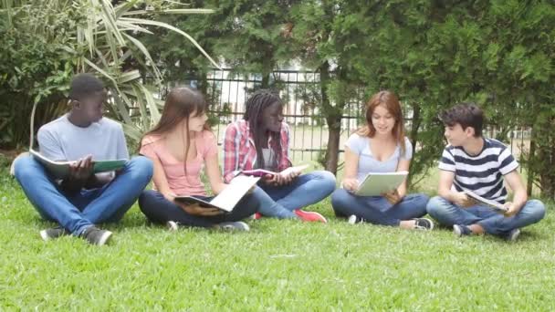 Πολυεθνική ομάδα εφήβων κάθεται στον κήπο κάνοντας σχολικές εξετάσεις - Πλάνα, βίντεο