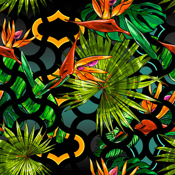 Texture sans couture sur le thème des tropiques, jungle de feuilles de palmier, monstère, feuilles de banane, strelitzia et fleurs d'héliconie. Modèle pour l'impression, les tissus, l'emballage
. - Vecteur, image