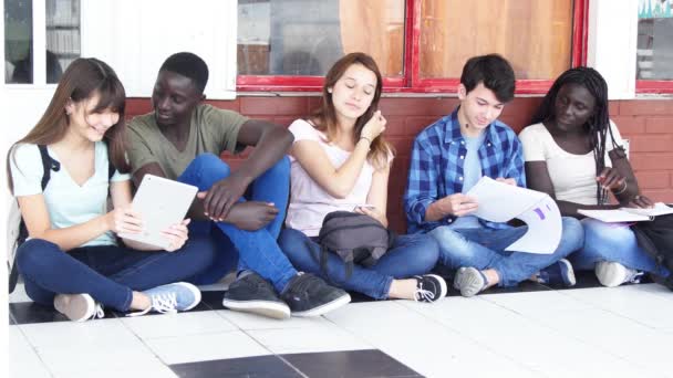 Eine Gruppe von fünf multiethnischen Teenagern sitzt auf dem Schulflur und arbeitet mit Schulbüchern. Zeitlupe - Filmmaterial, Video